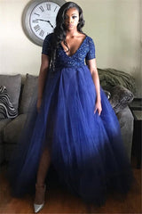 A Line Sequin Tulle Plus Size Prom Dresses Royal Blue High Waist Formal Dress MyChicDress