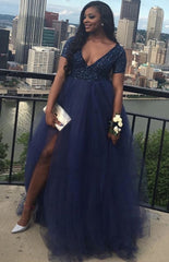 A Line Sequin Tulle Plus Size Prom Dresses Royal Blue High Waist Formal Dress MyChicDress