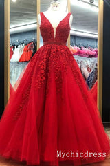 A Line Sleeveless Red Lace Prom Dressses V Neck Applique Formal Dresses MyChicDress