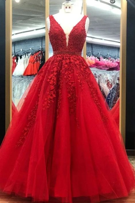 A Line Sleeveless Red Lace Prom Dressses V Neck Applique Formal Dresses MyChicDress