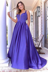 A Line Sleeveless Satin Prom Dresses Strap Long Eveing Dresses with Back Bow MyChicDress