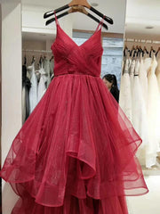 A Line Spaghetti Straps Sparkly 2025 Red Tulle Prom Dresses MyChicDress