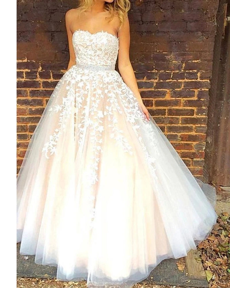 A Line Strapless Beaded Lace Prom Dresses Zipper MyChicDress