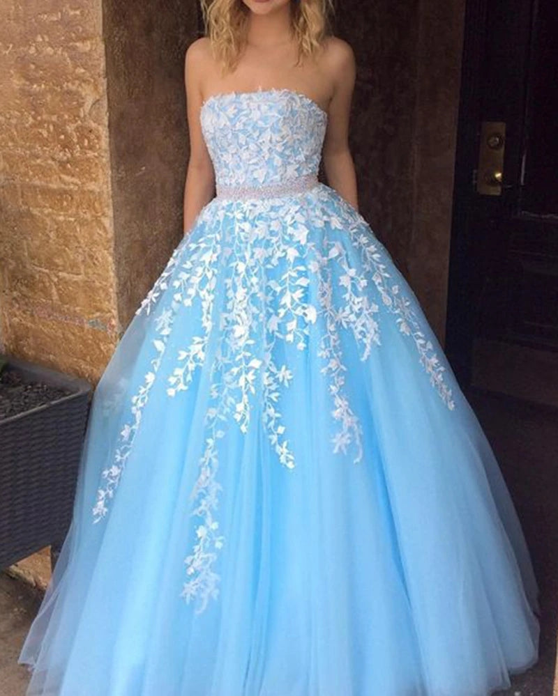 A Line Strapless Beaded Lace Prom Dresses Zipper MyChicDress