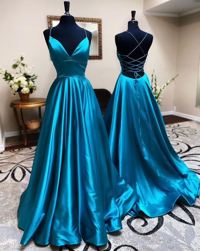 A Line Stretch Satin Emerald Green Prom Dresses Spaghetti Straps V Neck Dress MyChicDress