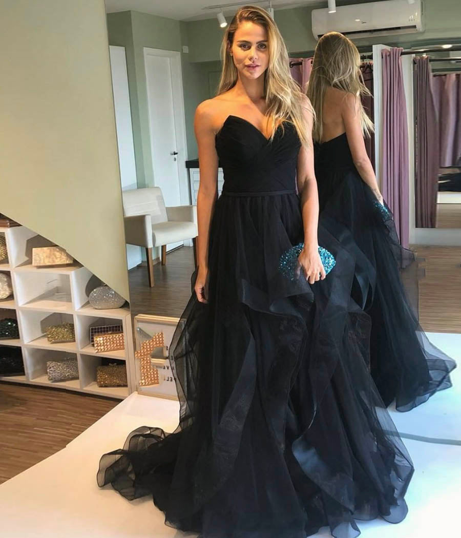 A Line Sweetheart Black Tulle tiered Prom Dresses Sleeveless MyChicDress