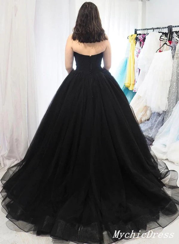 A Line Tulle 2025 Black Prom Dresses UK Sweetheart Strapless Long Evening Gown MyChicDress