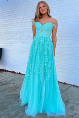 A-Line Tulle Floral Plus Size Lace Prom Dresses Applique Off-the-Shoulder MyChicDress