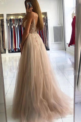 A Line V Neck Champagne Prom Dresses Beading Spaghetti Straps MyChicDress