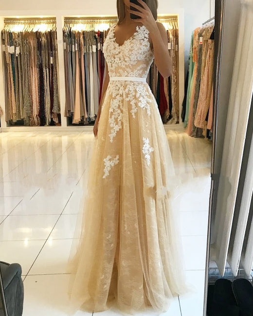 A Line V Neck Lace Champagne Prom Dresses Cheap MyChicDress