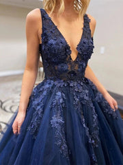 A-Line V Neck Navy Blue Lace Prom Dresses Appliques Evening Dress Long MyChicDress