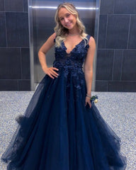 A-Line V Neck Navy Blue Lace Prom Dresses Appliques Evening Dress Long MyChicDress