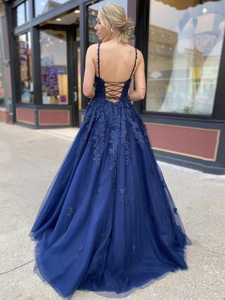 A Line V Neck Navy Blue Prom Dresses 2025 Lace Cheap Formal Dresses MyChicDress