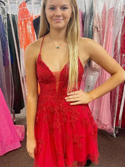 A Line V Neck Red Prom Dresses Lace Homecoming Dresses MyChicDress