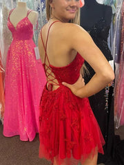 A Line V Neck Red Prom Dresses Lace Homecoming Dresses MyChicDress