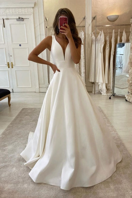 A Line V Neck Sleeveless Satin Wedding Dresses MyChicDress