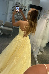 A Line Yellow Lace Prom Dresses 2025 Sleeveless Formal Evening Dresses MyChicDress