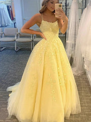 A Line Yellow Lace Prom Dresses 2025 Sleeveless Formal Evening Dresses MyChicDress