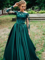 A-Line Green Long Sleeve Prom Dresses Satin Off the Shoulder Appliques