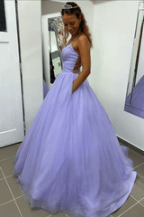 A-Line Purple Tulle Long Prom Dresses 2025 Spaghetti Straps Backless Evening Dress