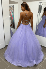 A-Line Purple Tulle Long Prom Dresses 2025 Spaghetti Straps Backless Evening Dress