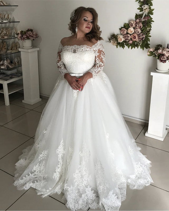 A line Lace Long Sleeves Plus Size Wedding Dresses Illusion Tulle Bridal Gown MyChicDress