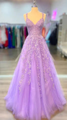 A-line Lilac Tulle 2025 Prom Dresses Violet V-neck Formal Evening Dresses UK MyChicDress