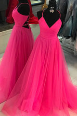 A-line Long V Neck Tulle Prom Dress Hot Pink with Lace-up Back MyChicDress