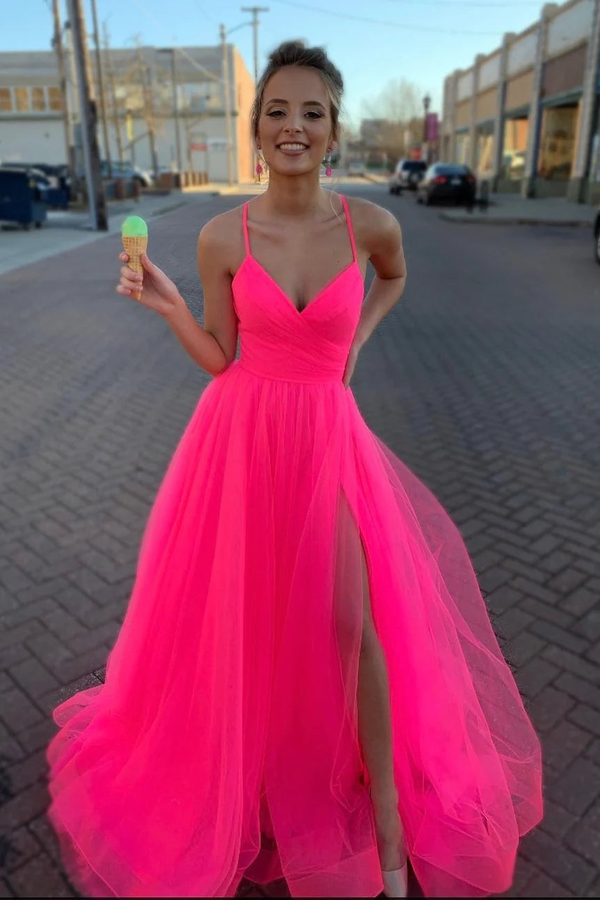 A-line Long V Neck Tulle Prom Dress Hot Pink with Lace-up Back MyChicDress