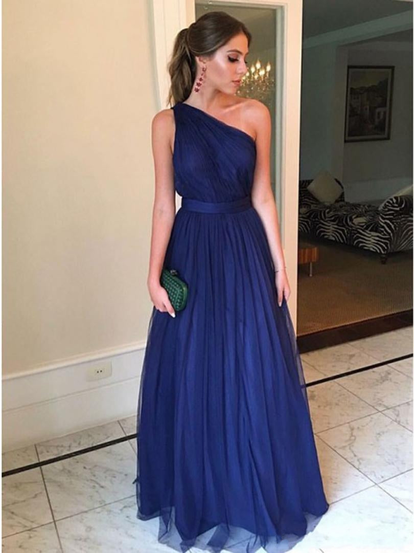 A line Sexy One Shoulder Blue Bridesmaid Dresses Open Back - MyChicDress