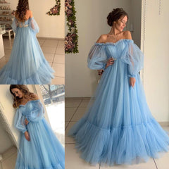 A-line Sky Blue Bohemian Tulle Beach Summer Wedding Dresses MyChicDress