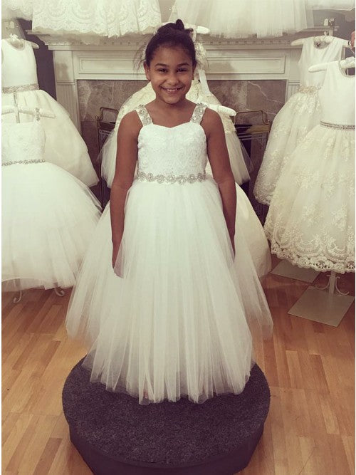 A-line Square Sleeveless Lace Flower Girl Dresses with Rhinestone Bowknot MyChicDress