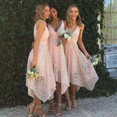 A-line Tea-Length Lace Pink Bridesmaid Dresses Spaghetti-Strap - MyChicDress