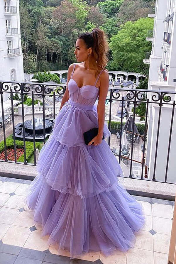 A-line Tulle Tiered Prom Dresses Purple Spaghetti Straps Long Formal Dress MyChicDress