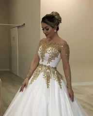 A Line Lace Beaded Gold White Wedding Dresses Off the Shoulder