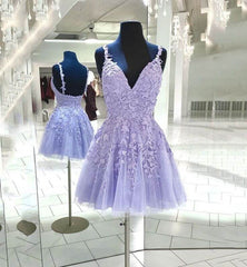 A Line V Neck Purple 2024 Homecoming Dress Cheap Lace Short Graduation Dress