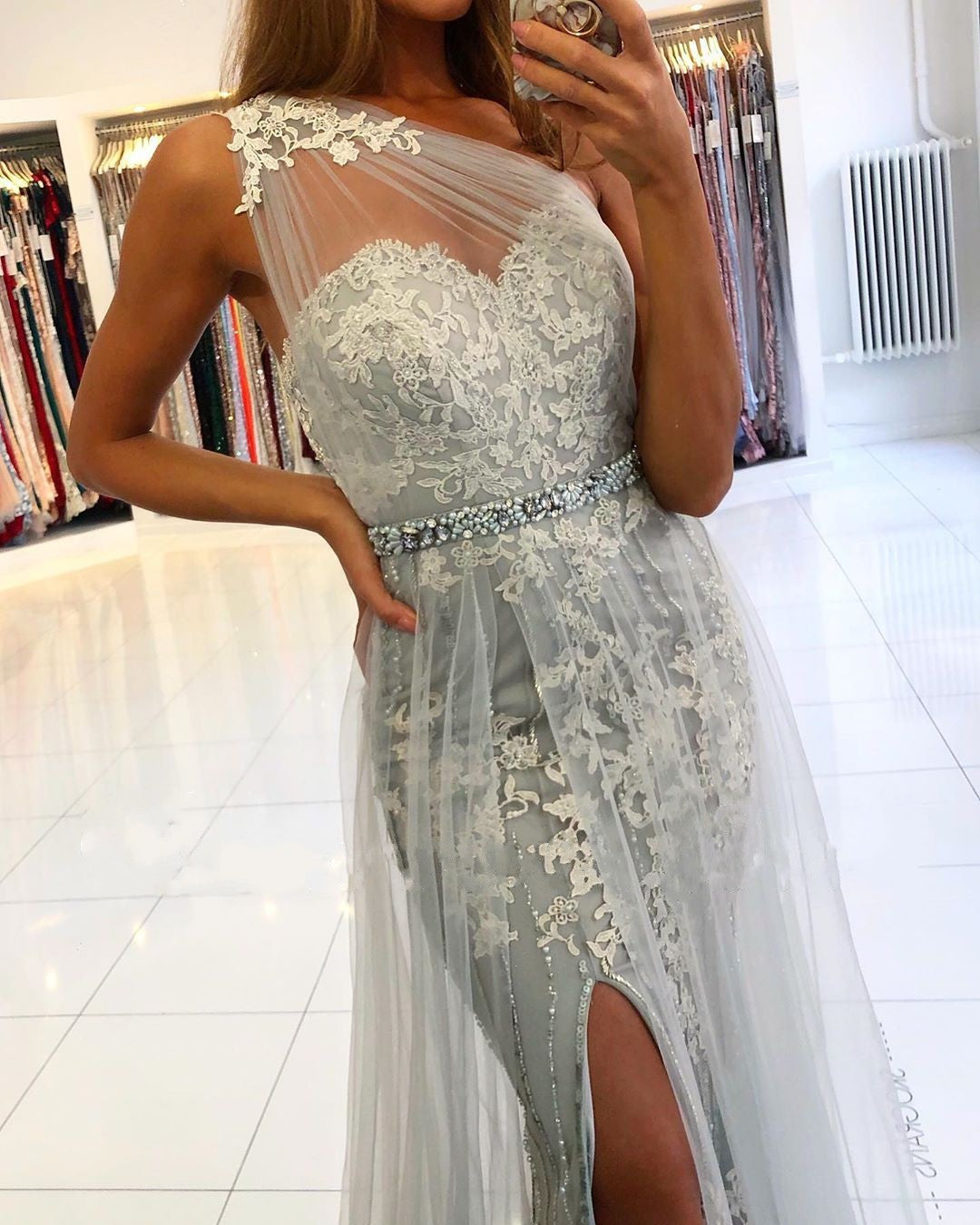 Affordable Lace Silver Prom Dresses One Shoulder Tulle with Beadings - MyChicDress