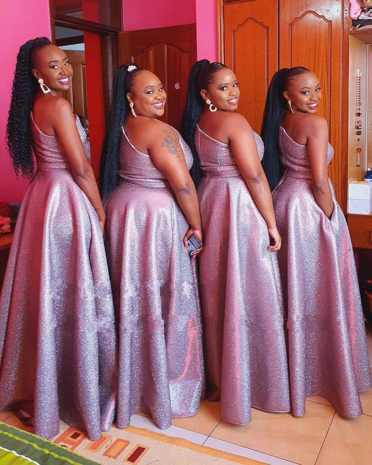 African One Shoulder Puple Sequin Bridesmaid Dresses A Line Long Party Dress MyChicDress