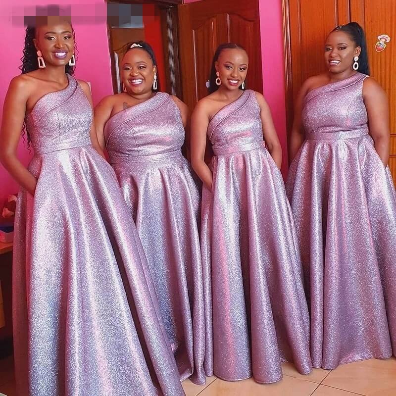 African One Shoulder Puple Sequin Bridesmaid Dresses A Line Long Party Dress MyChicDress