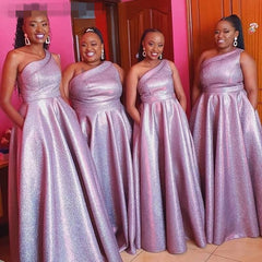 African One Shoulder Puple Sequin Bridesmaid Dresses A Line Long Party Dress MyChicDress