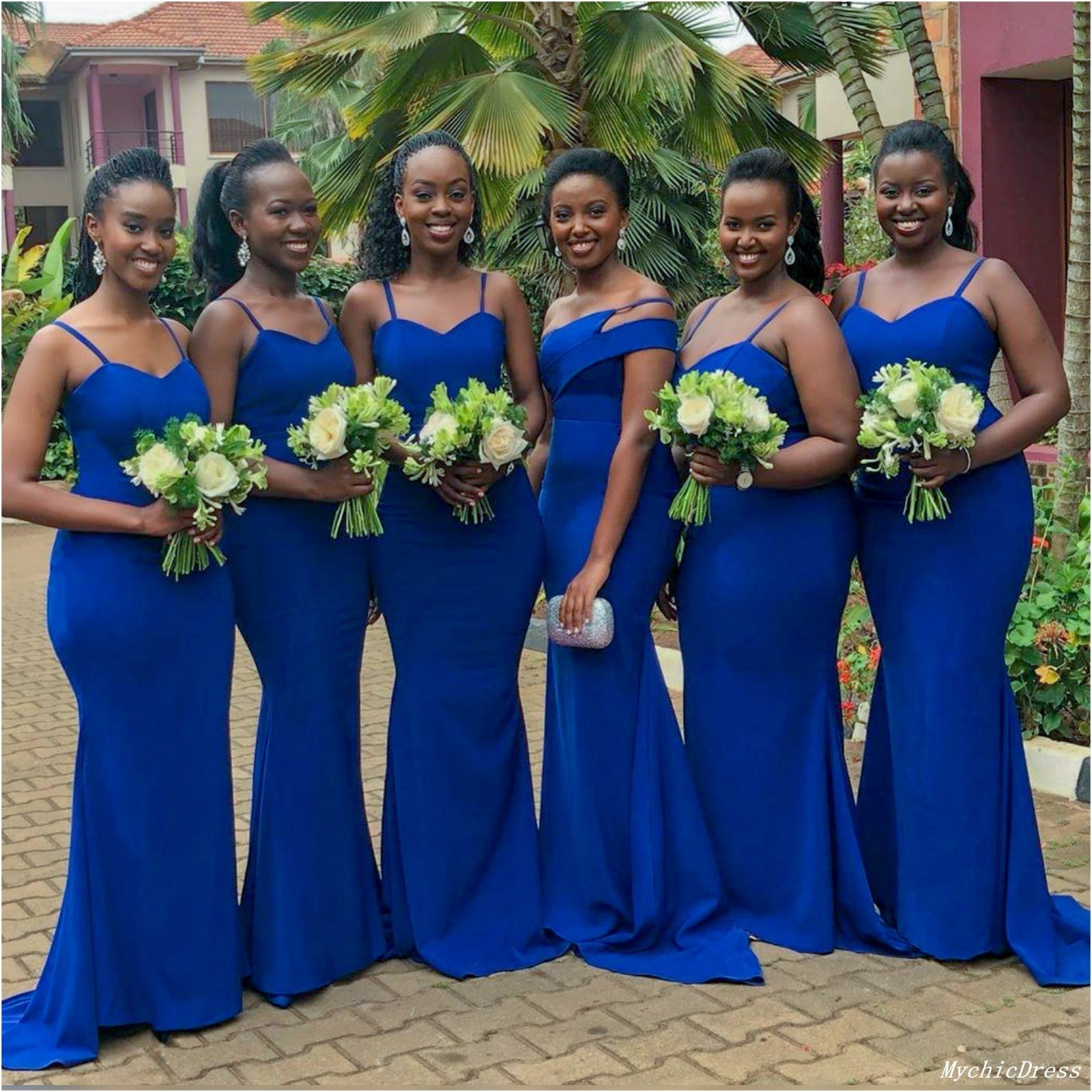 African Satin Blue Bridesmaid Dresses Spaghetti Straps Mermaid Wedding Guest Dress MyChicDress