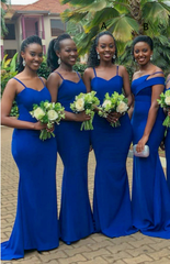 African Satin Blue Bridesmaid Dresses Spaghetti Straps Mermaid Wedding Guest Dress MyChicDress