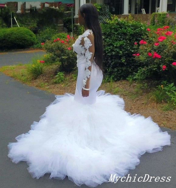 African White Mermaid Wedding Dresses Long Sleeve Lace Bridal Gown MyChicDress