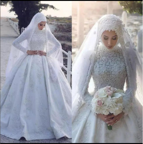 Arabic Muslim Lace Wedding Dresses Long Sleeves Applique A Line Bridal Gowns MyChicDress