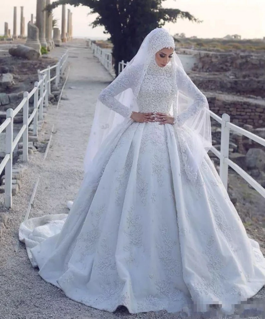 Arabic Muslim Lace Wedding Dresses Long Sleeves Applique A Line Bridal Gowns MyChicDress