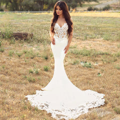 Vestidos de casamento de renda de chiffon com alças finas de sereia sexy