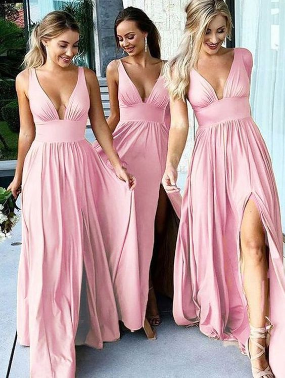 Backless Long Beach V-Neck Gold Bridesmaid Dresses Slit Side MyChicDress