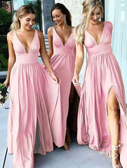 Backless Long Beach V-Neck Gold Bridesmaid Dresses Slit Side MyChicDress