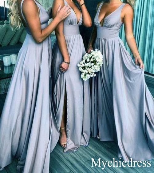 Backless Long Beach V-Neck Gold Bridesmaid Dresses Slit Side MyChicDress