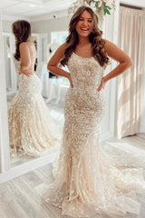 Backless 2025 Lace Long Prom Dress Champagne Square Graduation Dress Mermaid